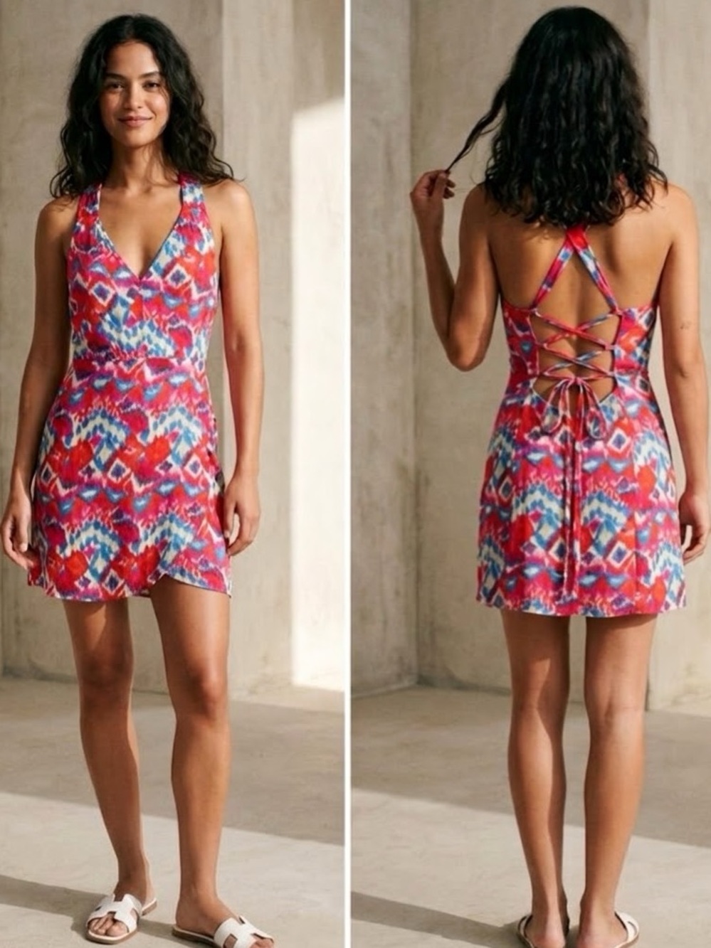 π NWT Zara Ikat Print Mini Dress Red Blue Lace Up Back Large - Picture 4 of 17